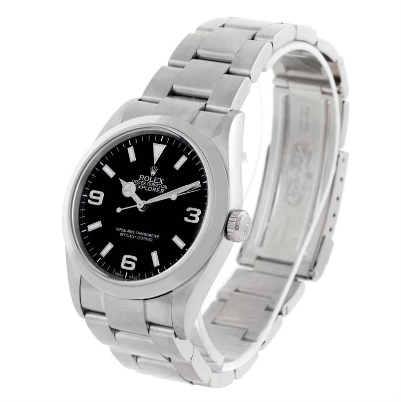 The Rolex Explorer 114270 Men's Stainless Steel Black Dial 114270 Men's Stainless Steel Black Dial watch is shown at a slight angle, displaying the face, dial, bezel, and stainless steel bracelet.