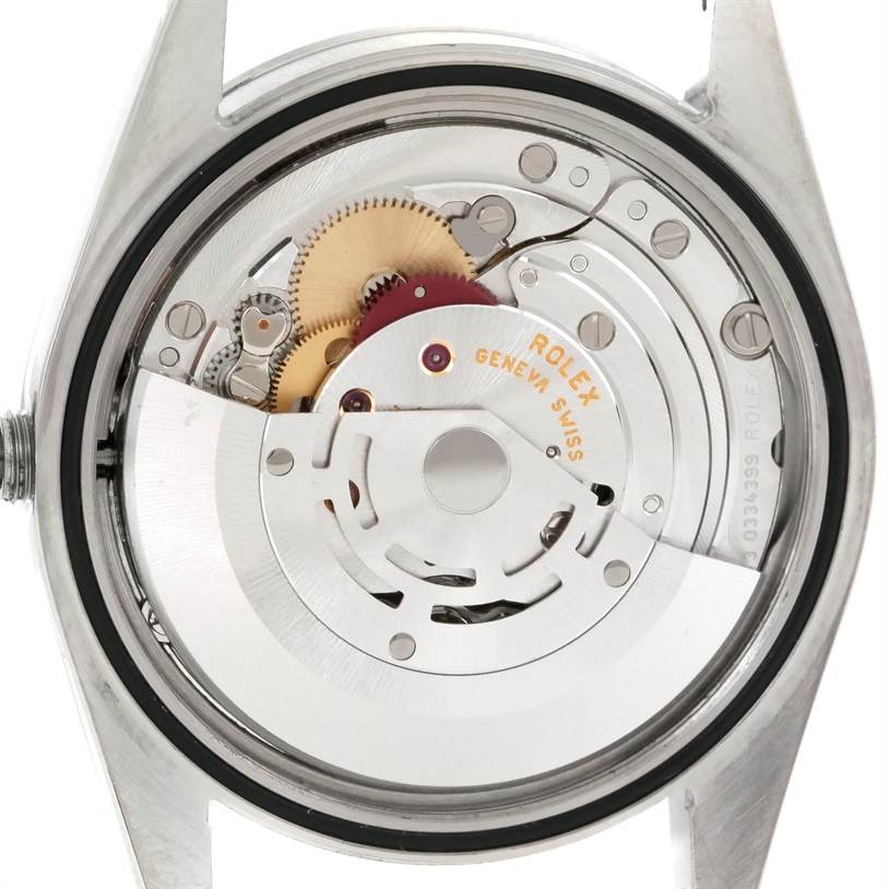 This image shows the internal movement mechanism of a Rolex Explorer 114270 Men's Stainless Steel Black Dial 114270 Men's Stainless Steel Black Dial watch from a rear angle.