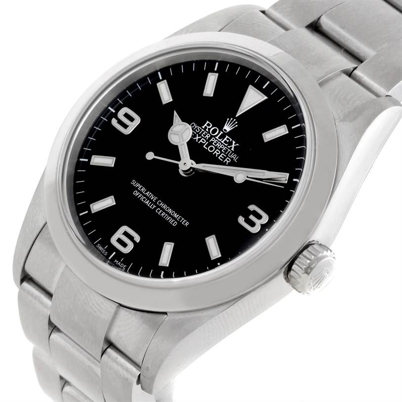 The image shows a close-up angle of the Rolex Explorer 114270 Men's Stainless Steel Black Dial 114270 Men's Stainless Steel Black Dial watch, highlighting its black dial, bezel, and part of the bracelet.