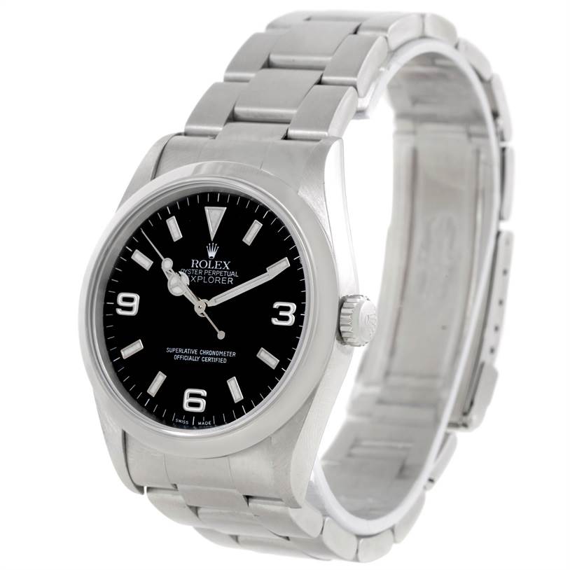 The image shows a Rolex Explorer 14270 Men's Stainless Steel Black Dial 14270 Men's Stainless Steel Black Dial watch at an angled view displaying the face, bezel, crown, and part of the bracelet.
