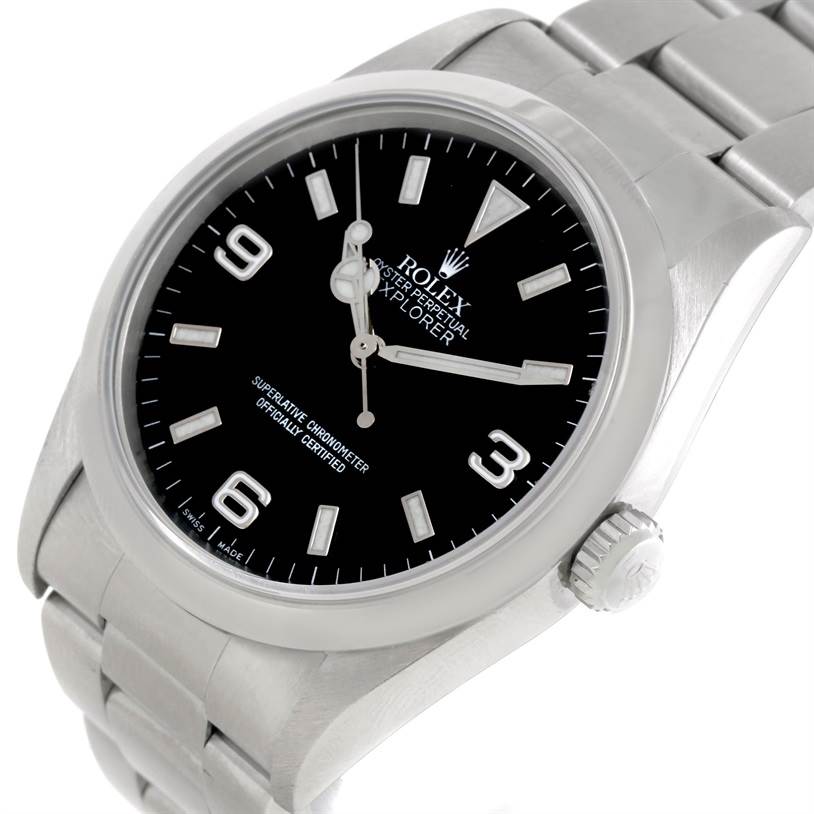 The image shows a close-up of the Rolex Explorer 14270 Men's Stainless Steel Black Dial 14270 Men's Stainless Steel Black Dial watch at a slight angle, highlighting the black dial, hour markers, bezel, and bracelet.