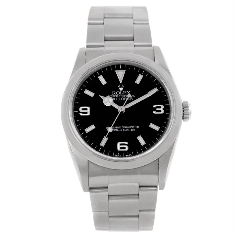This image shows a front view of a Rolex Explorer 14270 Men's Stainless Steel Black Dial 14270 Men's Stainless Steel Black Dial watch, displaying its black dial, stainless steel case, and bracelet.