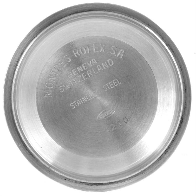 The image shows the interior of the stainless steel case back of a Rolex Explorer 14270 Men's Stainless Steel Black Dial 14270 Men's Stainless Steel Black Dial watch.