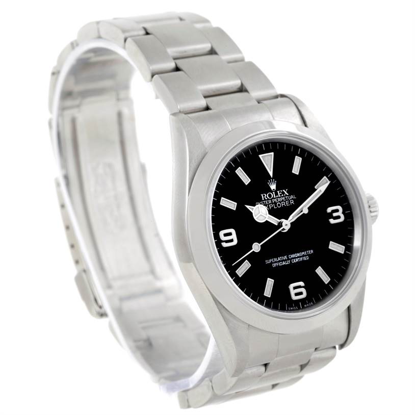 The Rolex Explorer 14270 Men's Stainless Steel Black Dial 14270 Men's Stainless Steel Black Dial watch is shown at an angle displaying the face, bezel, case, and bracelet.