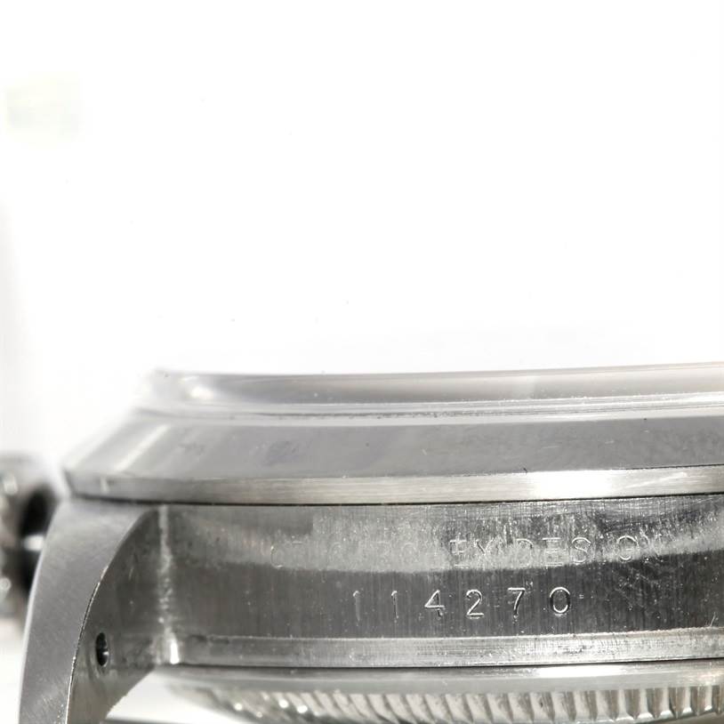 The image shows a side view of the case and bezel of a Rolex Explorer 114270 Men's Stainless Steel Black Dial 114270 Men's Stainless Steel Black Dial watch, model number 114270.