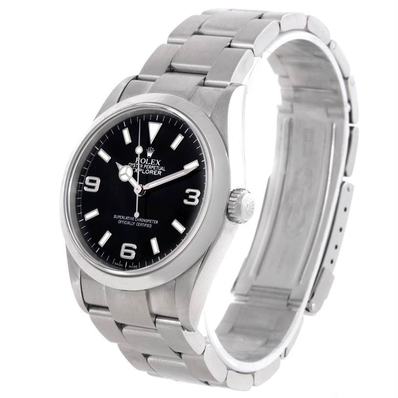 This image shows a Rolex Explorer 114270 Men's Stainless Steel Black Dial 114270 Men's Stainless Steel Black Dial watch at an angle revealing the dial, bezel, crown, and bracelet.