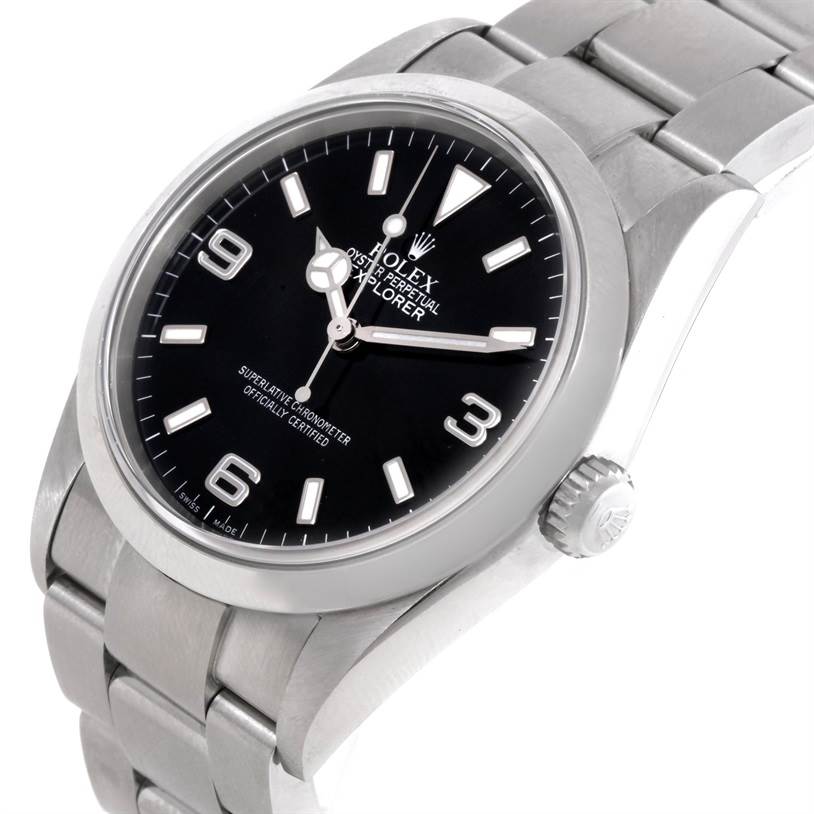 The image shows a Rolex Explorer 114270 Men's Stainless Steel Black Dial 114270 Men's Stainless Steel Black Dial watch at an angle, highlighting the face, hour markers, crown, and part of the stainless steel bracelet.