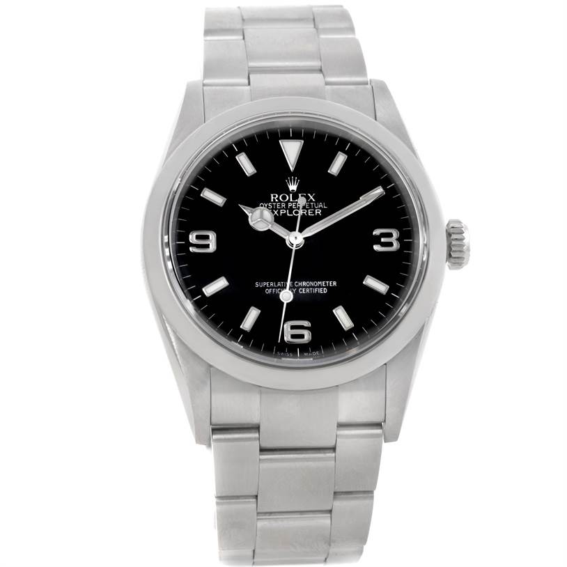 The image shows a front view of a Rolex Explorer 114270 Men's Stainless Steel Black Dial 114270 Men's Stainless Steel Black Dial, highlighting the bezel, dial, hands, and bracelet.