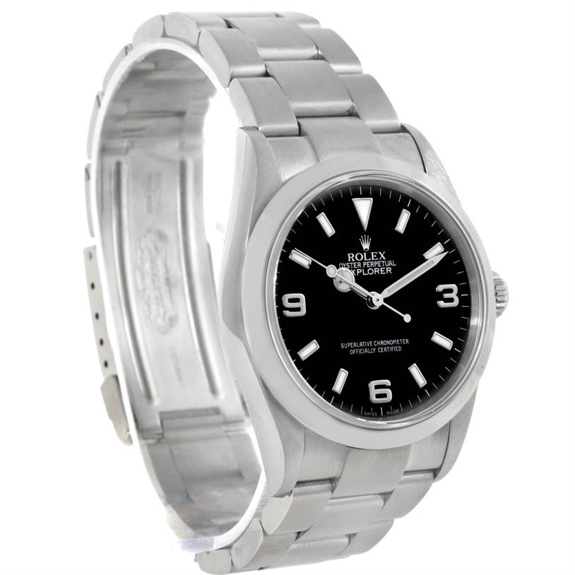 The image shows a Rolex Explorer 114270 Men's Stainless Steel Black Dial 114270 Men's Stainless Steel Black Dial watch, highlighting its black dial, indices, and metal bracelet at a three-quarter angle.
