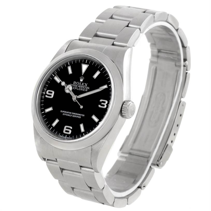 The image shows a Rolex Explorer 14270 Men's Stainless Steel Black Dial 14270 Men's Stainless Steel Black Dial watch at a slight angle, highlighting its face, bezel, bracelet, and clasp.