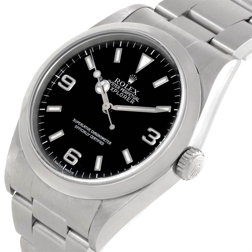 The image shows a Rolex Explorer 14270 Men's Stainless Steel Black Dial 14270 Men's Stainless Steel Black Dial watch from a front angled view, highlighting the dial, bezel, and part of the bracelet.