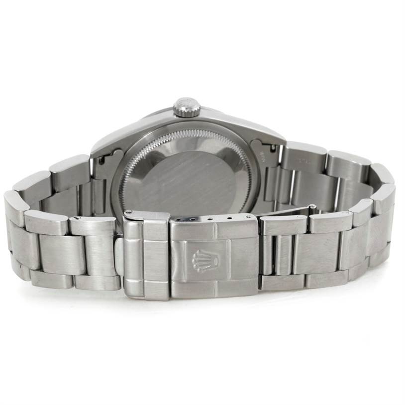 This image shows the rear view of a Rolex Explorer 14270 Men's Stainless Steel Black Dial 14270 Men's Stainless Steel Black Dial watch, highlighting the bracelet and clasp.
