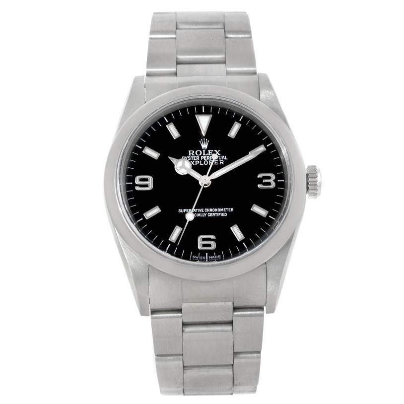 The image shows a frontal view of the Rolex Explorer 14270 Men's Stainless Steel Black Dial 14270 Men's Stainless Steel Black Dial watch, highlighting its face, bezel, and metal bracelet.