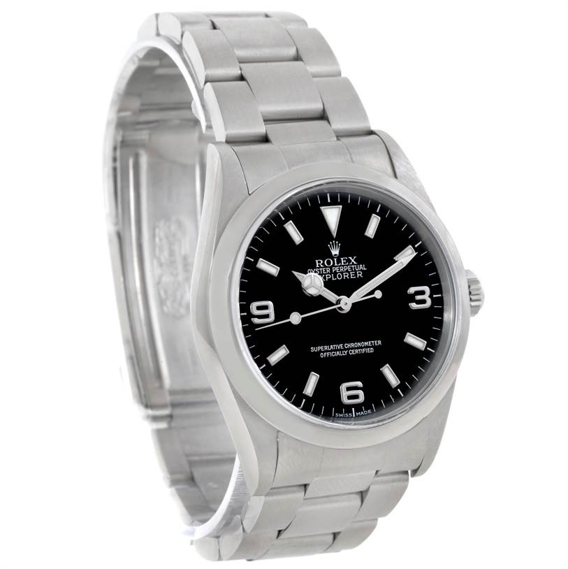 This image shows a Rolex Explorer 14270 Men's Stainless Steel Black Dial 14270 Men's Stainless Steel Black Dial watch at a slight angle, highlighting its face, bezel, crown, and stainless steel bracelet.
