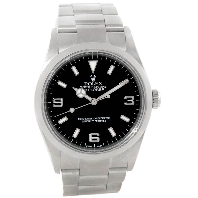 The image shows a front view of a Rolex Explorer 114270 Men's Stainless Steel Black Dial 114270 Men's Stainless Steel Black Dial watch displaying its dial, bezel, and part of the stainless steel bracelet.