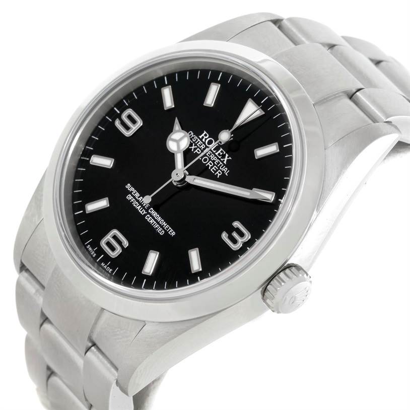The image shows the face, bezel, crown, and part of the bracelet of a Rolex Explorer 114270 Men's Stainless Steel Black Dial 114270 Men's Stainless Steel Black Dial watch at a slight angle.