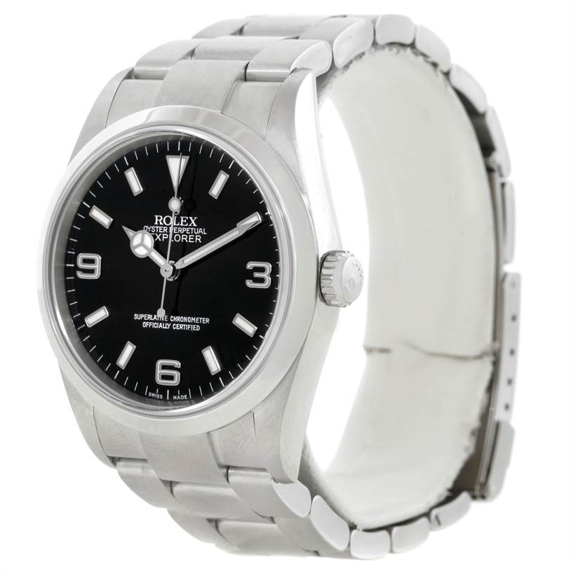 The image shows a Rolex Explorer 114270 Men's Stainless Steel Black Dial 114270 Men's Stainless Steel Black Dial watch from an angled view, displaying the face, crown, and stainless steel bracelet.