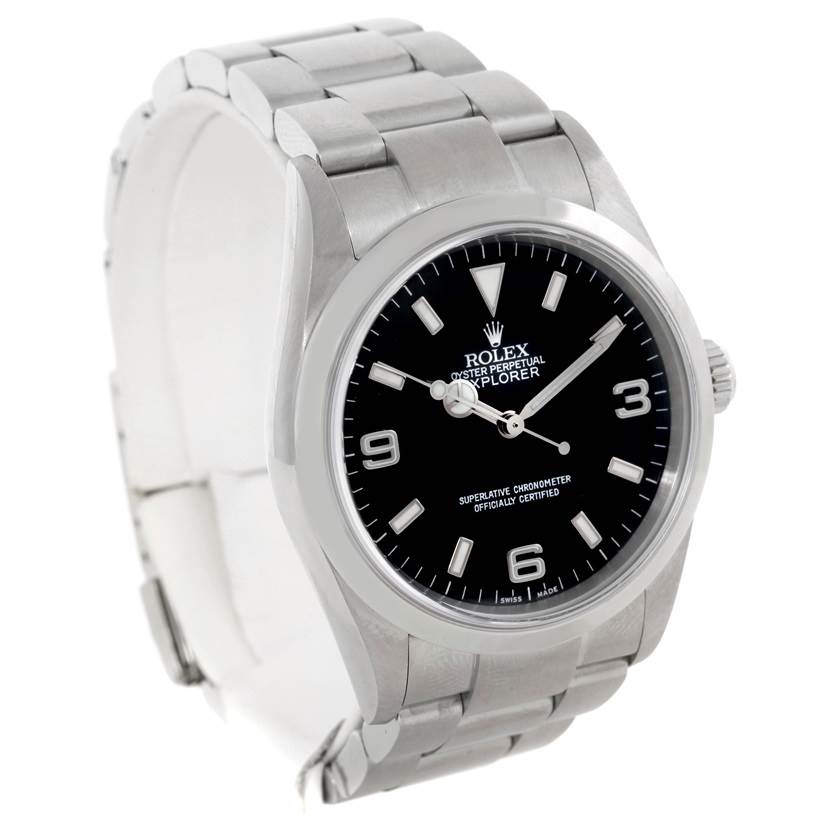 The image shows a Rolex Explorer 114270 Men's Stainless Steel Black Dial 114270 Men's Stainless Steel Black Dial watch from a front-left angle, highlighting the bracelet, case, and dial.