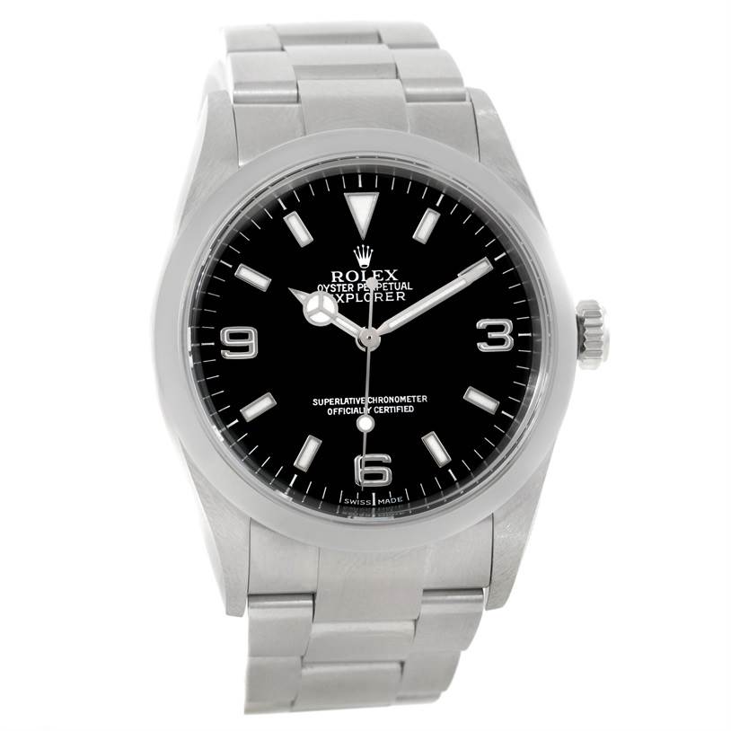 The image shows a Rolex Explorer 114270 Men
s Stainless Steel Black Dial 114270 Men
s Stainless Steel Black Dial watch from a front angle, featuring its dial, bracelet, and crown.
