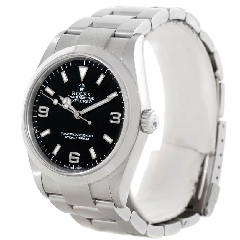 The image shows a Rolex Explorer 114270 Men
s Stainless Steel Black Dial 114270 Men
s Stainless Steel Black Dial watch at a three-quarter angle, displaying the face, bezel, crown, and part of the bracelet.