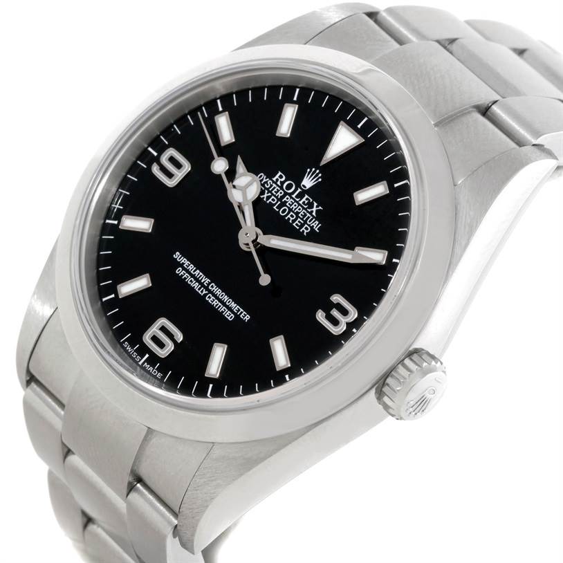 The Rolex Explorer 114270 Men
s Stainless Steel Black Dial 114270 Men
s Stainless Steel Black Dial watch is shown at a three-quarter angle, displaying the face, bezel, crown, and part of the bracelet.