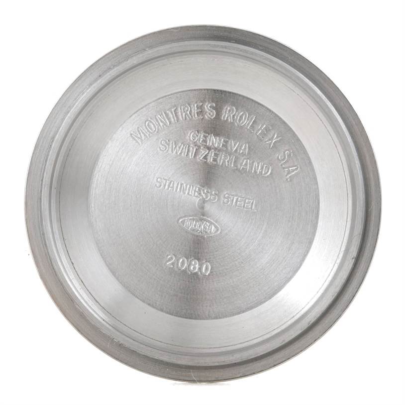 This image shows the inner case back of a Rolex Explorer 114270 Men
s Stainless Steel Black Dial 114270 Men
s Stainless Steel Black Dial watch, displaying brand engravings and the stainless steel material.