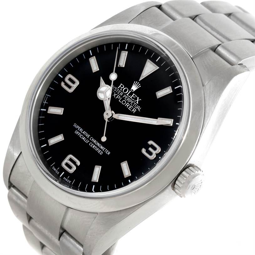 This is a close-up, angled view of the dial, bezel, crown, and bracelet of a Rolex Explorer 114270 Men's Stainless Steel Black Dial 114270 Men's Stainless Steel Black Dial watch.