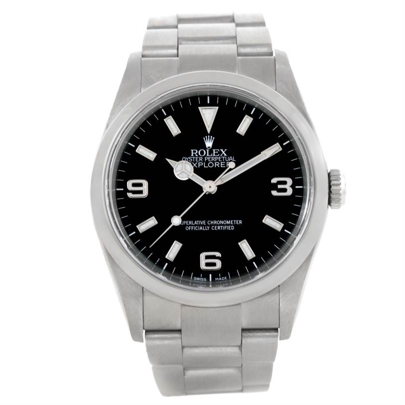 This image shows a front view of a Rolex Explorer 114270 Men's Stainless Steel Black Dial 114270 Men's Stainless Steel Black Dial watch, featuring the dial, hands, bezel, and bracelet.