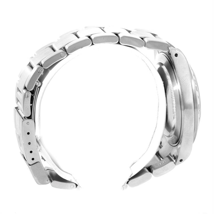 The image shows the side profile of the Rolex Explorer 16570 Men's Stainless Steel Black Dial 16570 Men's Stainless Steel Black Dial watch with its bracelet and case back visible.