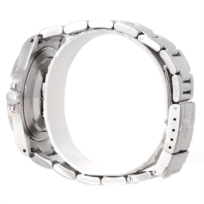 The image displays the side view of a Rolex Explorer 16570 Men's Stainless Steel Black Dial 16570 Men's Stainless Steel Black Dial watch, highlighting the bracelet, clasp, and part of the case back.