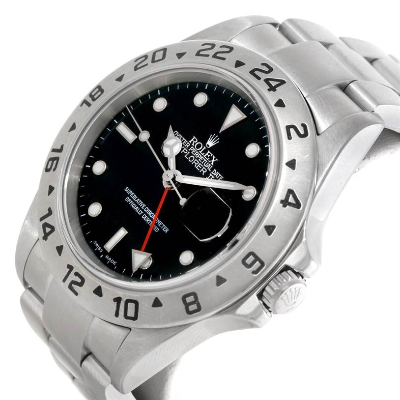 The image shows a side-angle view of a Rolex Explorer 16570 Men's Stainless Steel Black Dial 16570 Men's Stainless Steel Black Dial watch, displaying the dial, bezel, crown, and part of the bracelet.
