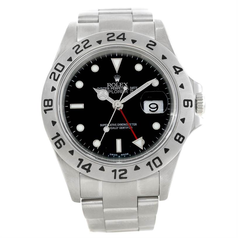 This image shows a front view of a Rolex Explorer 16570 Men's Stainless Steel Black Dial 16570 Men's Stainless Steel Black Dial watch, featuring its dial, bezel, and bracelet.