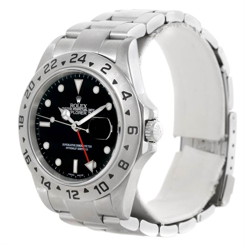 The Rolex Explorer 16570 Men's Stainless Steel Black Dial 16570 Men's Stainless Steel Black Dial watch is shown at a slight angle from the front and features the dial, bezel, and part of the bracelet.