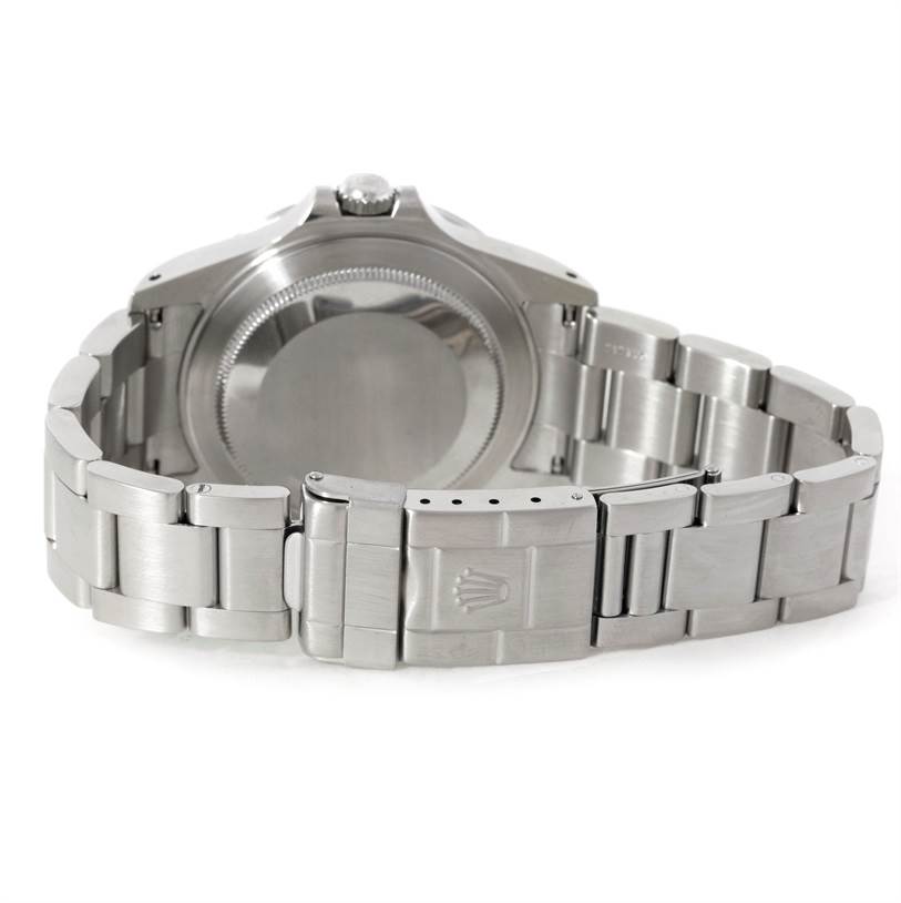 This image shows the back view of a Rolex Explorer 16570 Men's Stainless Steel Black Dial 16570 Men's Stainless Steel Black Dial watch, focusing on the case back and metal bracelet with the clasp.