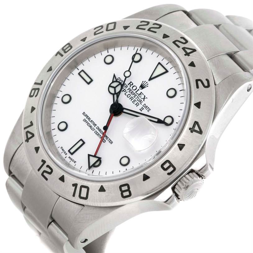 The image shows a Rolex Explorer 16570 Men's Stainless Steel White Dial 16570 Men's Stainless Steel White Dial watch at a slight angle, highlighting the dial, bezel, crown, and part of the stainless steel bracelet.