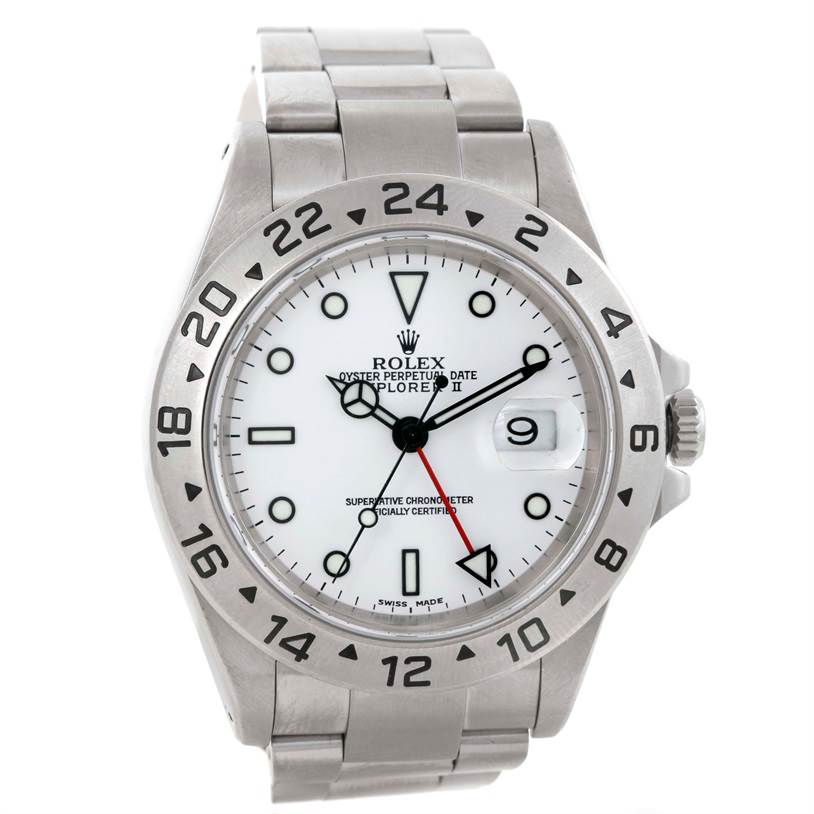 The image shows a front view of a Rolex Explorer 16570 Men's Stainless Steel White Dial 16570 Men's Stainless Steel White Dial watch, highlighting the dial, bezel, and bracelet.