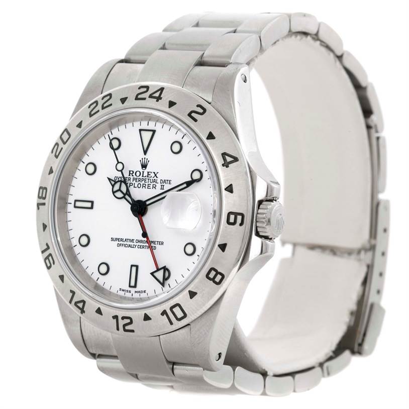 The image shows a Rolex Explorer 16570 Men's Stainless Steel White Dial 16570 Men's Stainless Steel White Dial watch at a three-quarter angle, highlighting its bezel, face, crown, and bracelet.