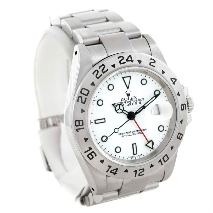 The image shows a Rolex Explorer 16570 Men's Stainless Steel White Dial 16570 Men's Stainless Steel White Dial watch at a slight angle, highlighting the dial, bezel, and a portion of the bracelet.