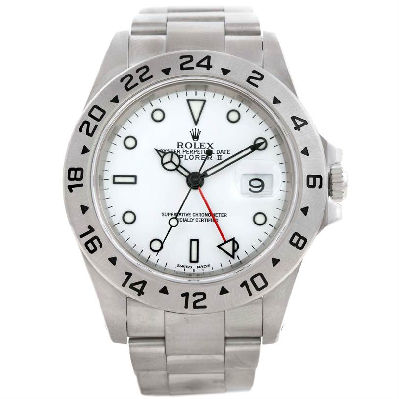 The image shows a frontal view of a Rolex Explorer 16570 Men's Stainless Steel White Dial 16570 Men's Stainless Steel White Dial watch, displaying its face, bezel, and stainless steel bracelet.