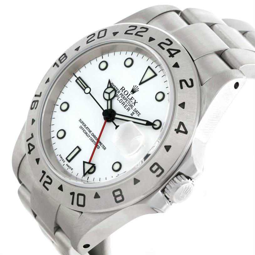 The image shows a Rolex Explorer 16570 Men's Stainless Steel White Dial 16570 Men's Stainless Steel White Dial watch from an angled perspective, highlighting its dial, bezel, crown, and bracelet.