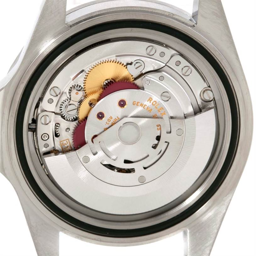 The image shows the back view of the Rolex Explorer 16570 Men's Stainless Steel White Dial 16570 Men's Stainless Steel White Dial watch, displaying its intricate movement and inner mechanisms.