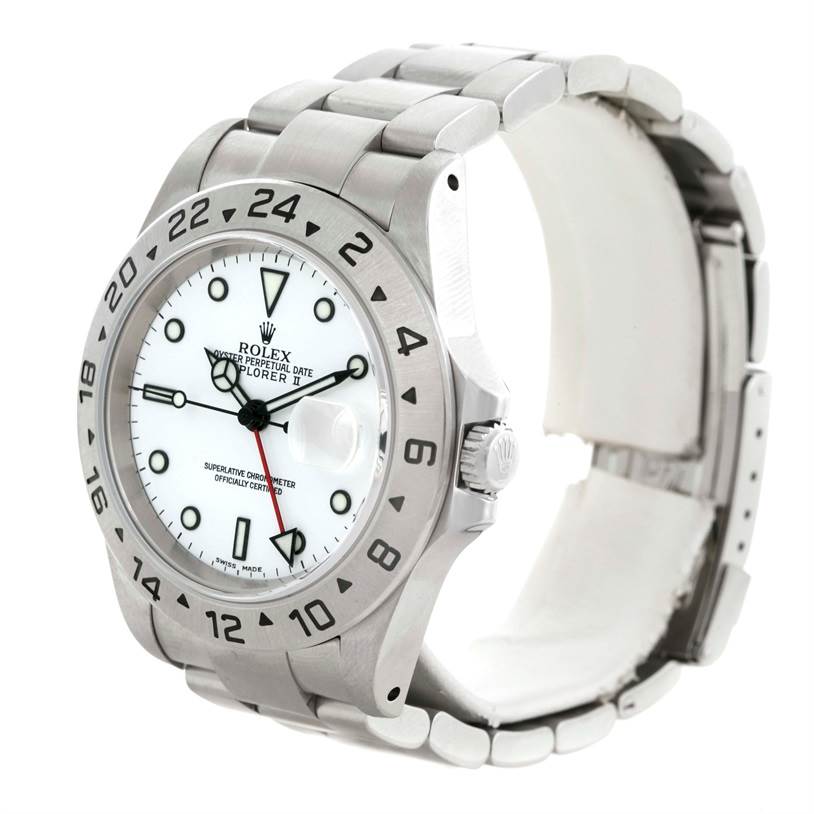 This Rolex Explorer 16570 Men's Stainless Steel White Dial 16570 Men's Stainless Steel White Dial model watch is shown at a three-quarter angle, displaying the face, bezel, and part of the bracelet.