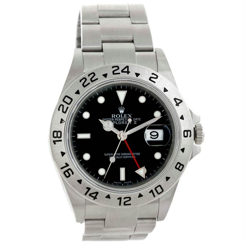 The image shows a front view of a Rolex Explorer 16570 Men's Stainless Steel Black Dial 16570 Men's Stainless Steel Black Dial watch, displaying its dial, bezel, bracelet, and crown.