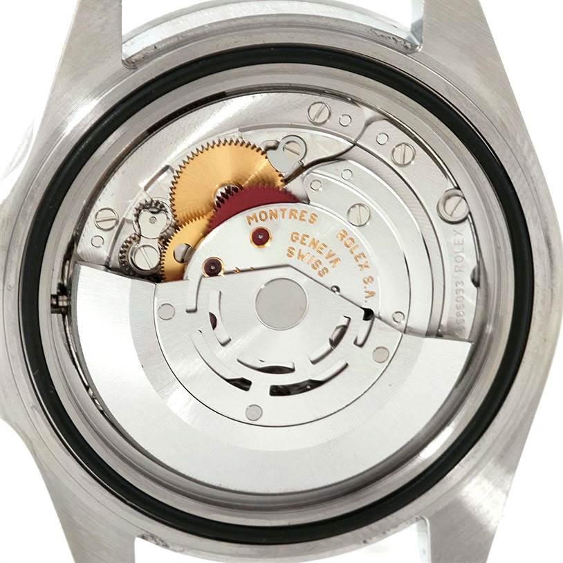 The image shows the movement mechanism of the Rolex Explorer 16570 Men's Stainless Steel Black Dial 16570 Men's Stainless Steel Black Dial model watch from a back or caseback angle.