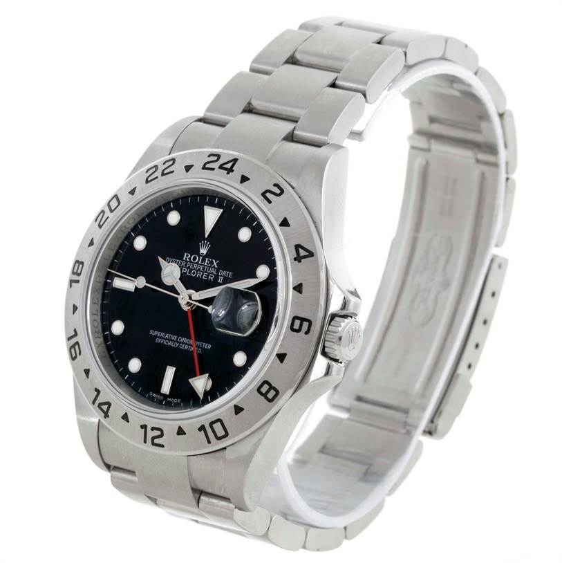 The image shows a Rolex Explorer 16570 Men's Stainless Steel Black Dial 16570 Men's Stainless Steel Black Dial model watch at a 3/4 angle, highlighting the face, bezel, crown, and part of the bracelet.