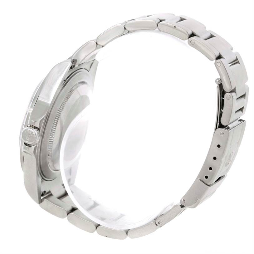 The image shows a side view of the Rolex Explorer 16570 Men's Stainless Steel Black Dial 16570 Men's Stainless Steel Black Dial watch, highlighting the bracelet, clasp, and part of the case.