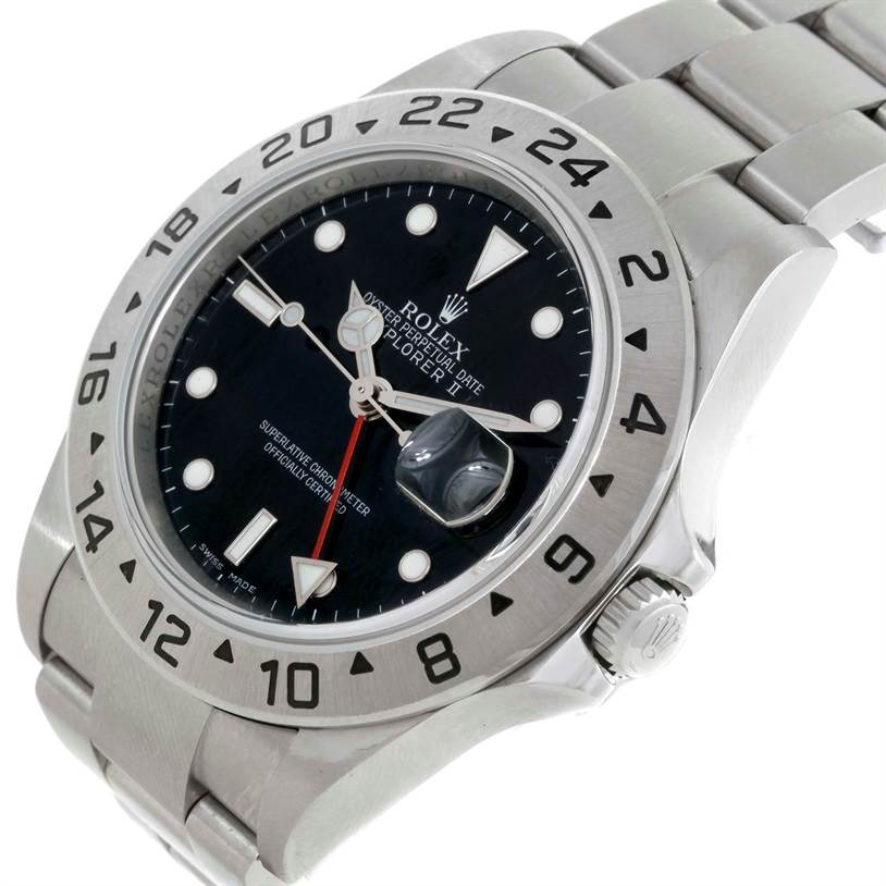 The image shows a side angle of the Rolex Explorer 16570 Men's Stainless Steel Black Dial 16570 Men's Stainless Steel Black Dial watch displaying the dial, case, bezel, and part of the bracelet.