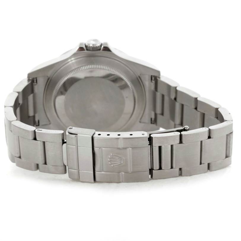 This image shows the back view of a Rolex Explorer 16570 Men's Stainless Steel Black Dial 16570 Men's Stainless Steel Black Dial watch, focusing on the bracelet and clasp.