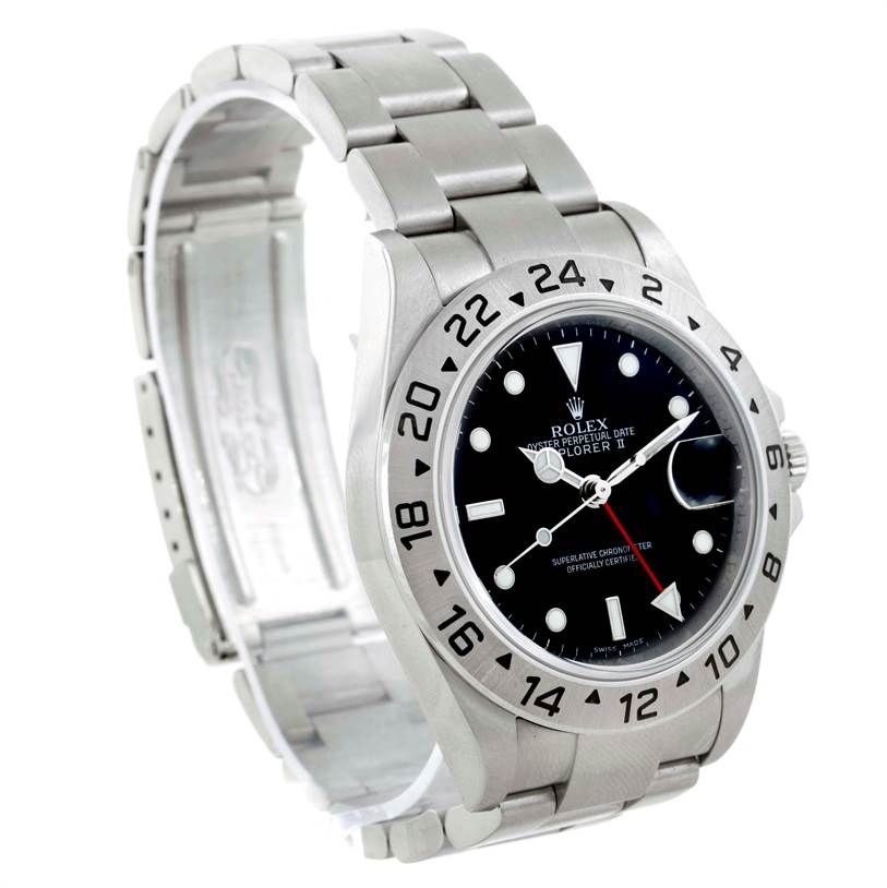 The image shows a side angle of a Rolex Explorer 16570 Men's Stainless Steel Black Dial 16570 Men's Stainless Steel Black Dial watch, highlighting its stainless steel case, bezel, and bracelet.