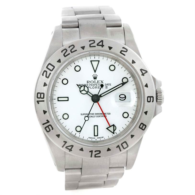 The image shows a front view of a Rolex Explorer 16570 Men's Stainless Steel White Dial 16570 Men's Stainless Steel White Dial watch, displaying its white dial, date window, and stainless steel bracelet.